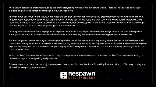 画像ギャラリー No.001のサムネイル画像 / Respawn Entertainmentが2つ開発初期段階のプロジェクトをキャンセル。「Apex Legends」と「Star Wars Jedi」を重点をおいた人員調整