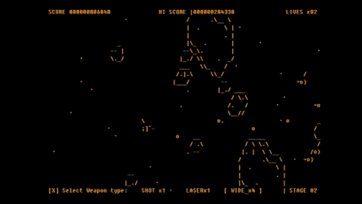 画像ギャラリー No.001のサムネイル画像 / 画面に映るすべてが実際のASCII文字。“文字通り”テキストオンリーな横スクロールSTG「バトル・フォー・アスキオン」，本日発売