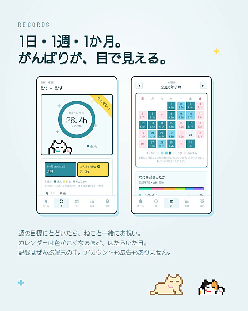 画像ギャラリー No.003のサムネイル画像 / 創作，勉強など，給料の出ない「自分の仕事」をねこと一緒に数えるアプリ「ねこ勤怠 作業記録をつけるにゃー」，配信開始