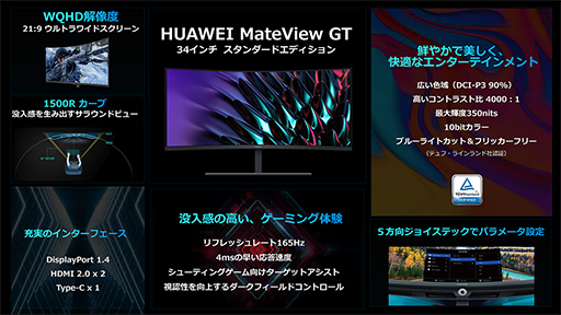画像集#002のサムネイル/Huawei，ゲーマー向け湾曲型ディスプレイ「HUAWEI MateView GT」にラインナップ追加。27インチと34インチを用意